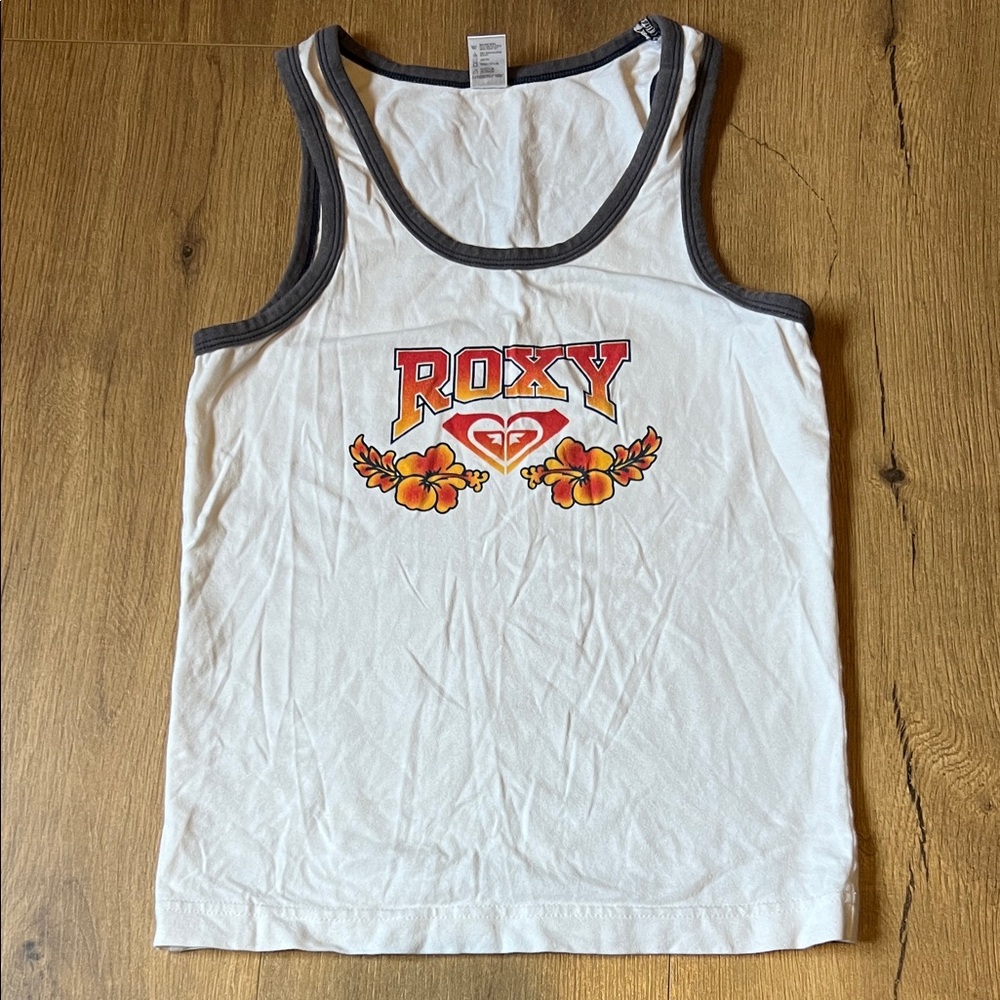 Roxy Women Juniors White Tank Top with Red and Orange Floral Accents